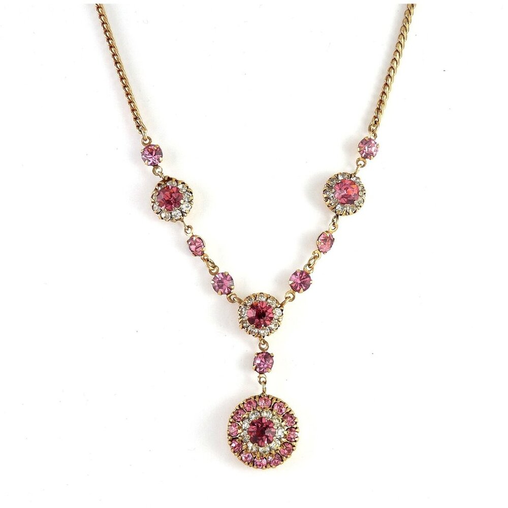 Vintage 1950's Gold Filled Pink Clear Rhinestone Florets Evening Y Drop Necklace